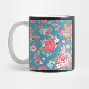 Pink and Blue Shabby Chic  Floral Flowers, Pretty Feminine Pattern on Blue Background Mug